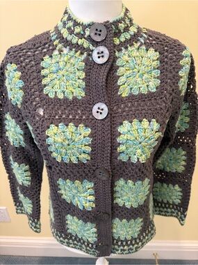 Sigrid Olsen Square Patterned Button-Front Sweater - Size L
